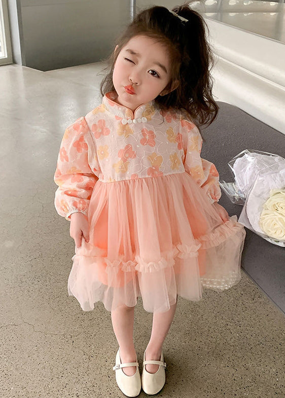 Pink Tulle Patchwork Girls Dress Ruffled Long Sleeve XZ094