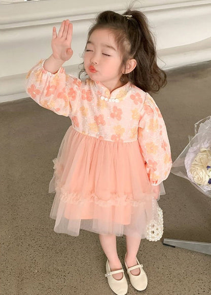 Pink Tulle Patchwork Girls Dress Ruffled Long Sleeve XZ094