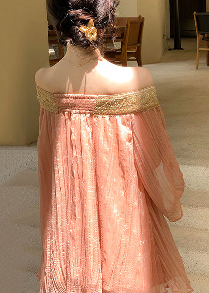 Chiffon Slash Pink Shirts Fall Wrinkled Patchwork Neck