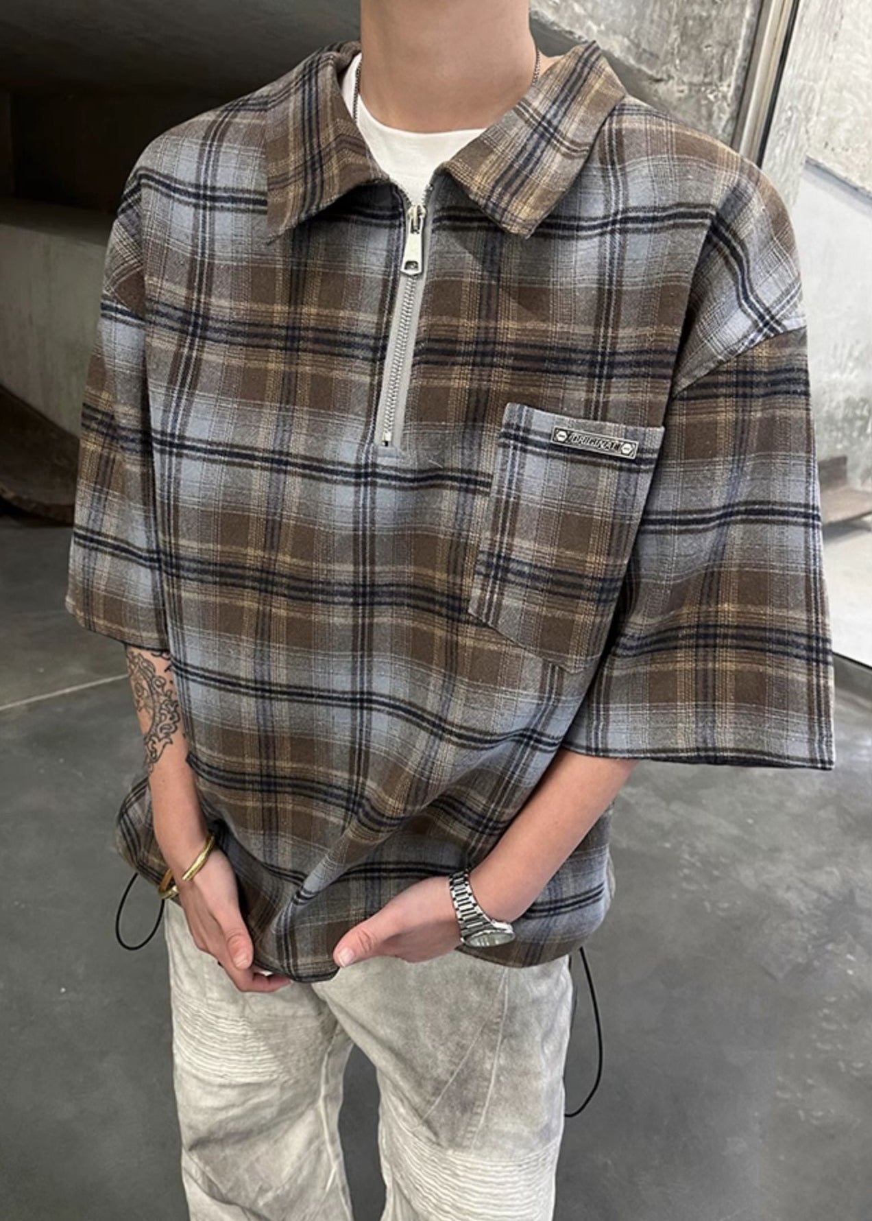 Shirt Zippered Men Sleeve Cotton Green Plaid Pullover Half