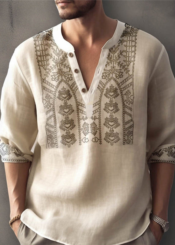 Size Apricot Shirt Button Cotton Print Plus T Men Fall