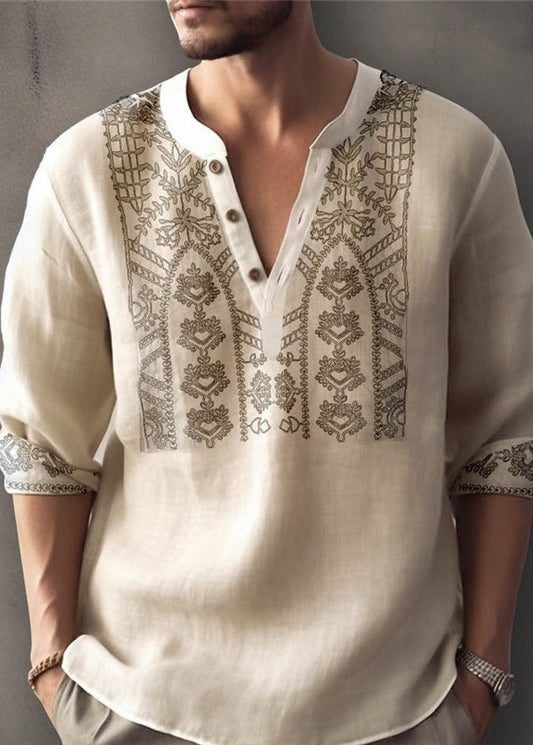 Size Apricot Shirt Button Cotton Print Plus T Men Fall