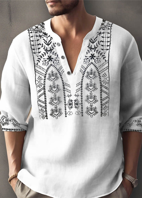 Size Apricot Shirt Button Cotton Print Plus T Men Fall