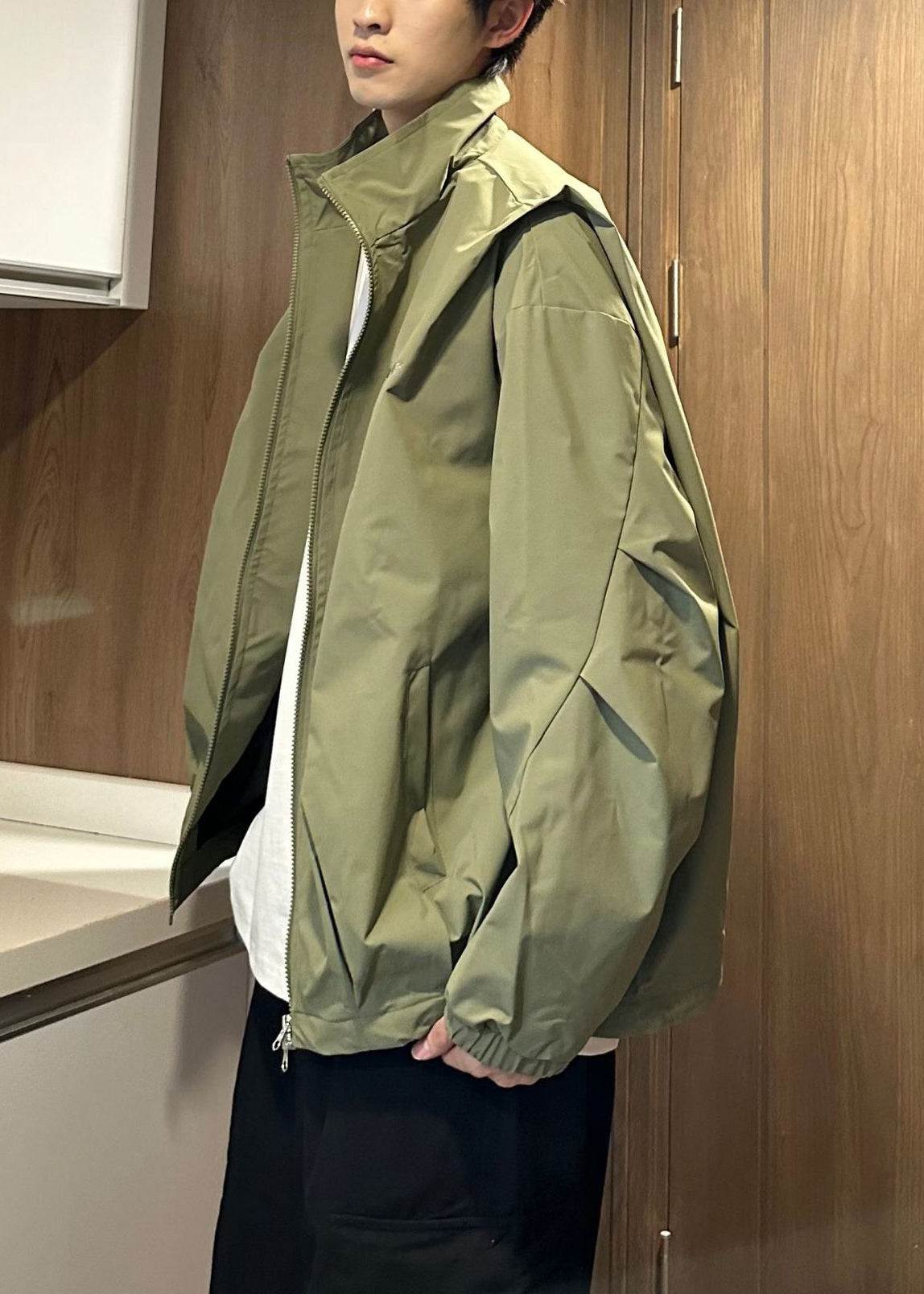 Men Coat Zippered Size Army Cotton Spring Collar Green Stand Plus