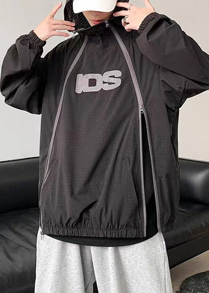 Zippered Men Coat Hooded Thin Summer Mesh Plus Black Size
