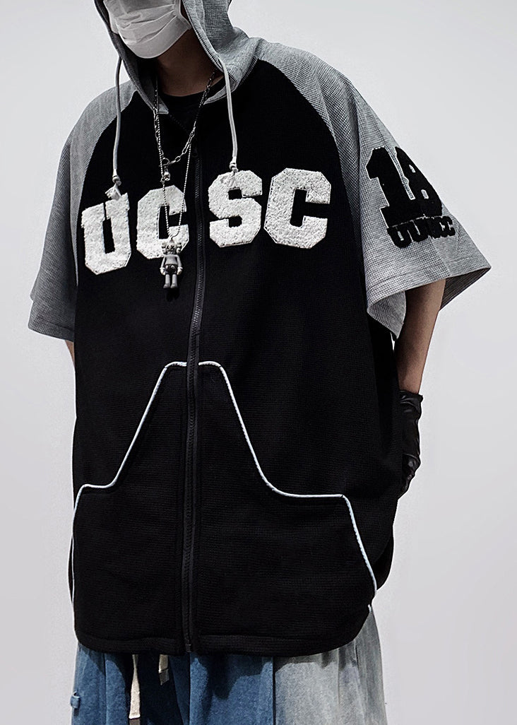 Size Patchwork Cotton Black Plus Hooded Zippered Men Shirts T