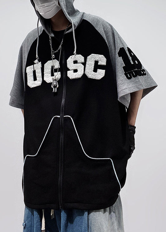 Size Patchwork Cotton Black Plus Hooded Zippered Men Shirts T