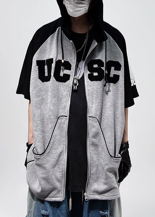 Size Patchwork Cotton Black Plus Hooded Zippered Men Shirts T