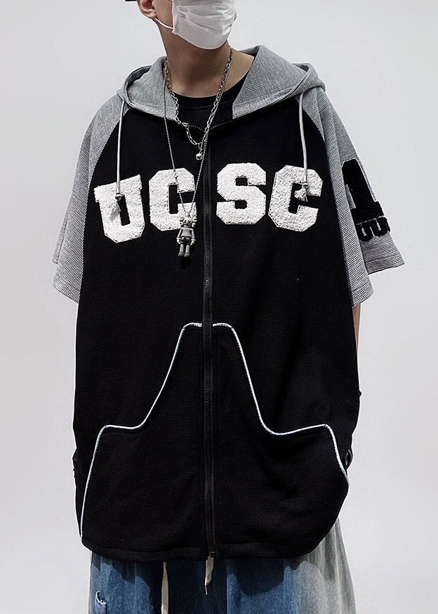 Size Patchwork Cotton Black Plus Hooded Zippered Men Shirts T