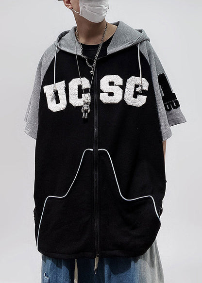 Size Patchwork Cotton Black Plus Hooded Zippered Men Shirts T