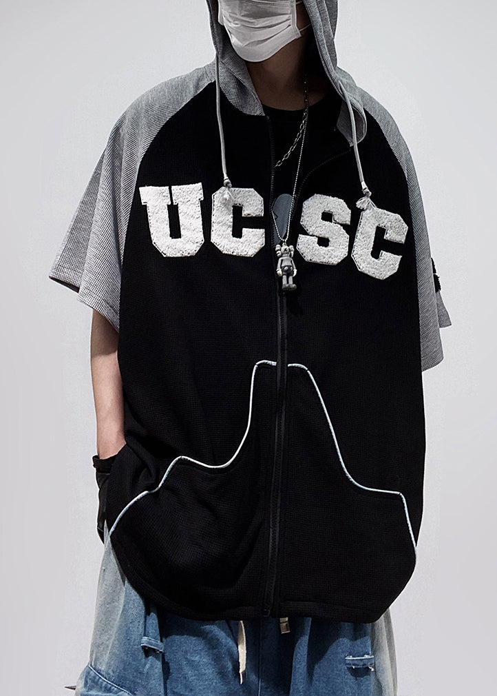 Size Patchwork Cotton Black Plus Hooded Zippered Men Shirts T