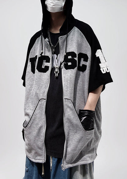 Size Patchwork Cotton Black Plus Hooded Zippered Men Shirts T