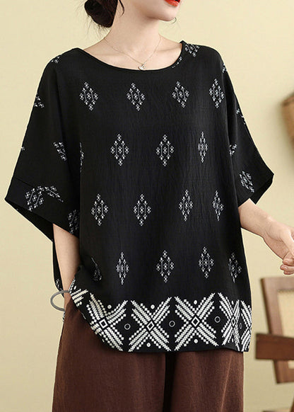 Plus Size O-Neck Loose Black Summer Top
