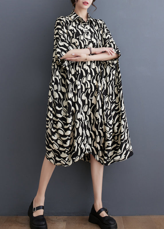 Plus Size Black Peter Pan Collar Print Cotton Shirts Dress Batwing Sleeve AP048