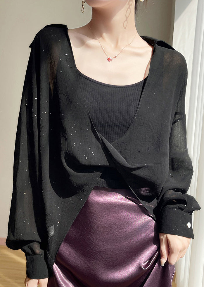 Size Blouses Chiffon Fall Plus Pan Peter Black Solid Collar