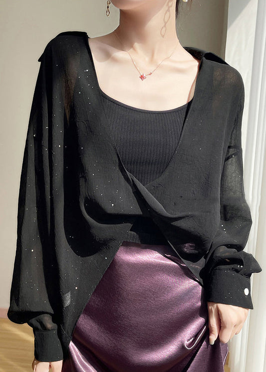 Size Blouses Chiffon Fall Plus Pan Peter Black Solid Collar