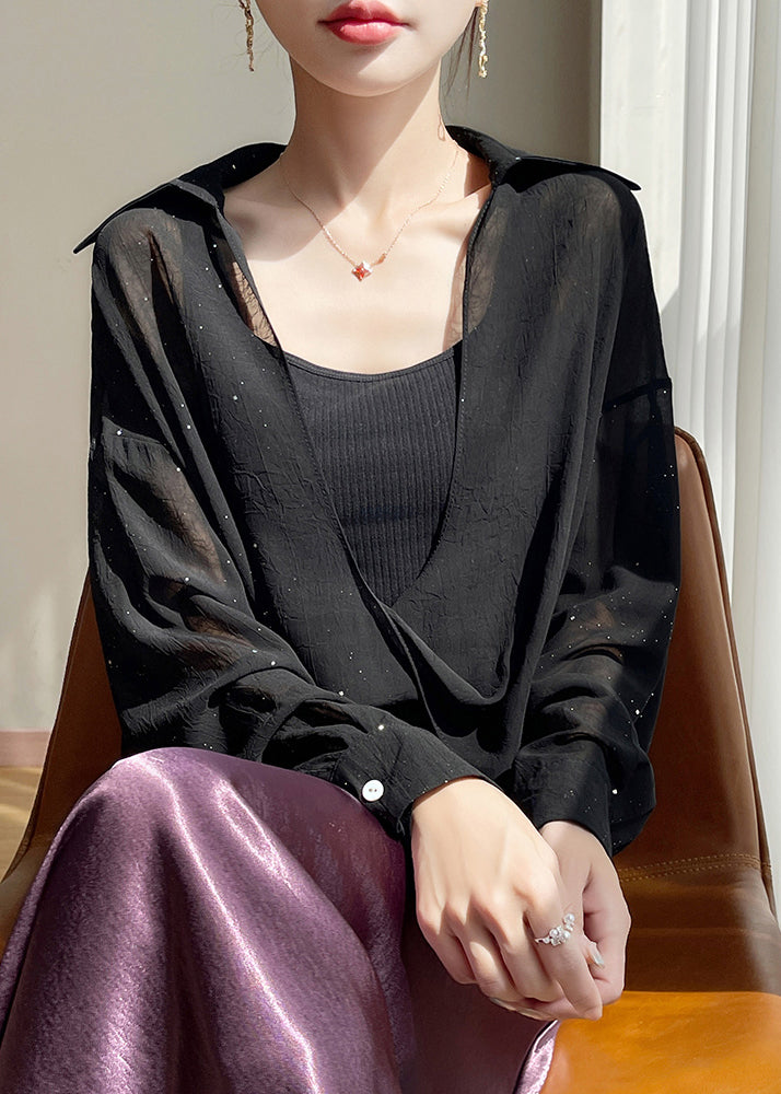 Size Blouses Chiffon Fall Plus Pan Peter Black Solid Collar