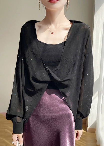 Size Blouses Chiffon Fall Plus Pan Peter Black Solid Collar