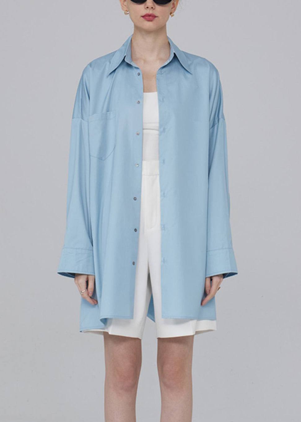 Plus Size Blue Button Pockets Patchwork Cotton Blouses Fall TU015