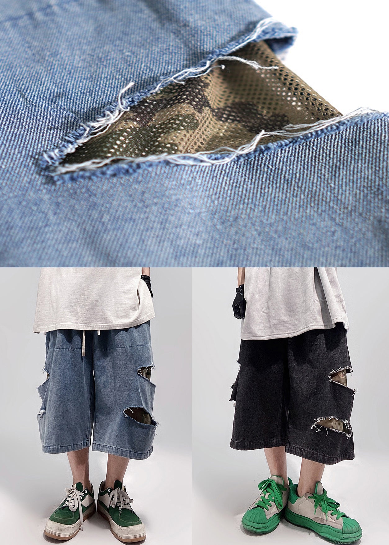 Blue Plus Summer Size Hole Shorts Pockets Denim Men