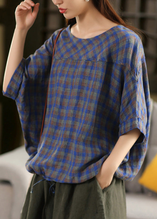 Summer Size Patchwork Plaid Neck O Blue Plus Linen Top