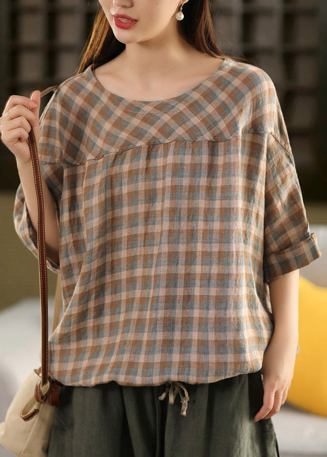 Summer Size Patchwork Plaid Neck O Blue Plus Linen Top