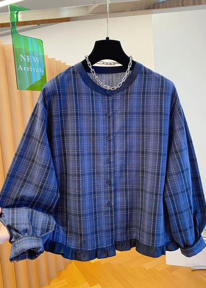 Ruffled Cotton Blue Fall Plus Neck Shirt Top Plaid O Size