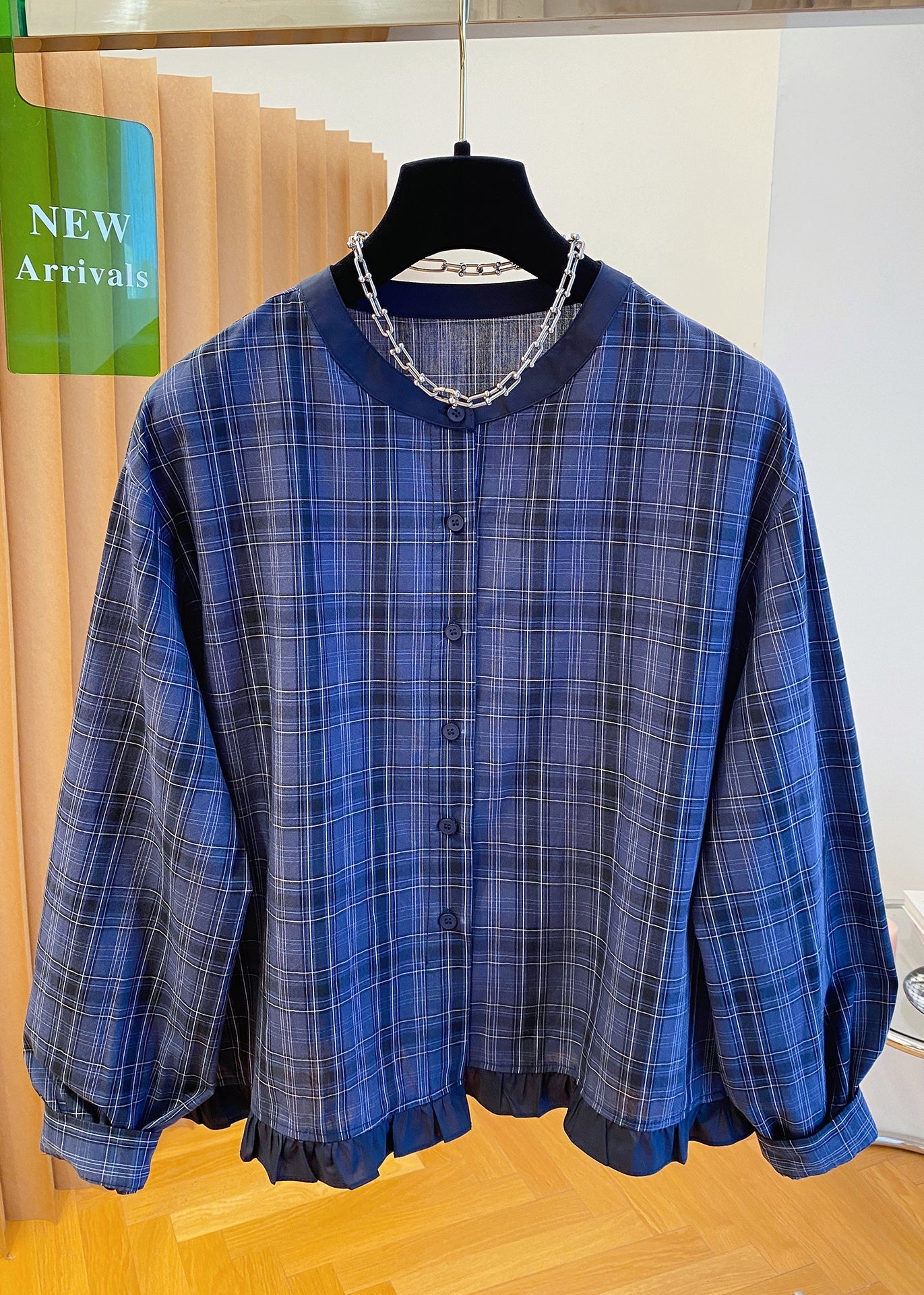 Ruffled Cotton Blue Fall Plus Neck Shirt Top Plaid O Size