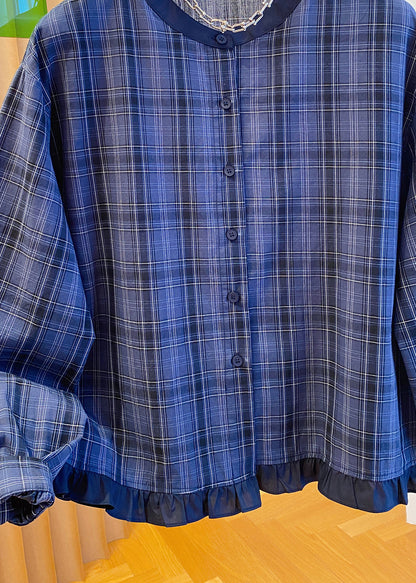 Ruffled Cotton Blue Fall Plus Neck Shirt Top Plaid O Size