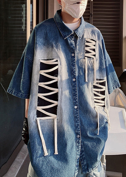 Sleeve Patchwork Original Design Blue Shirts Plus Half Men Size