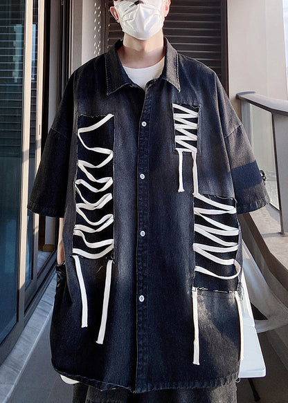 Sleeve Patchwork Original Design Blue Shirts Plus Half Men Size