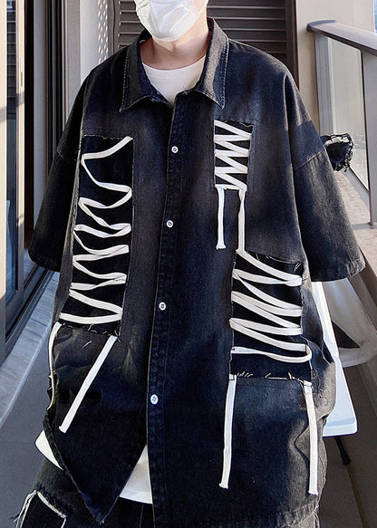 Sleeve Patchwork Original Design Blue Shirts Plus Half Men Size