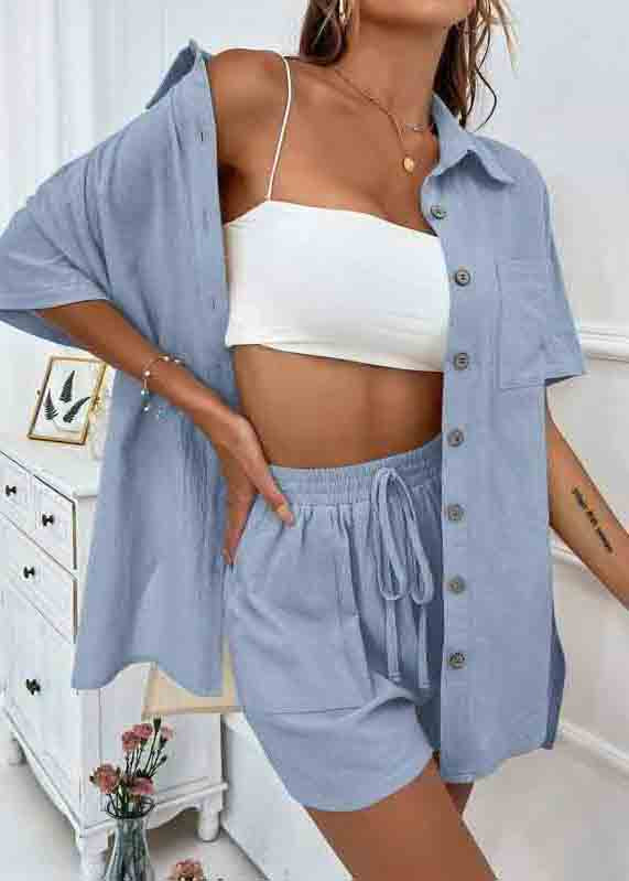 Pieces Blue Summer Cotton Two Pajamas Oversized Set Plus Size