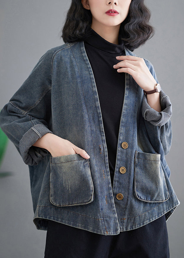 Plus Size Blue Oversized Pockets Denim Coat Outwear Spring TM009