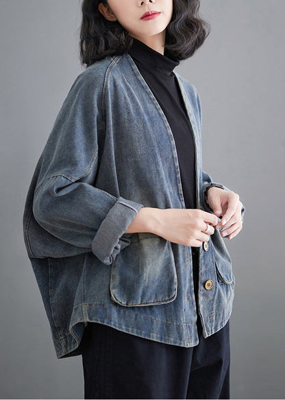 Plus Size Blue Oversized Pockets Denim Coat Outwear Spring TM009