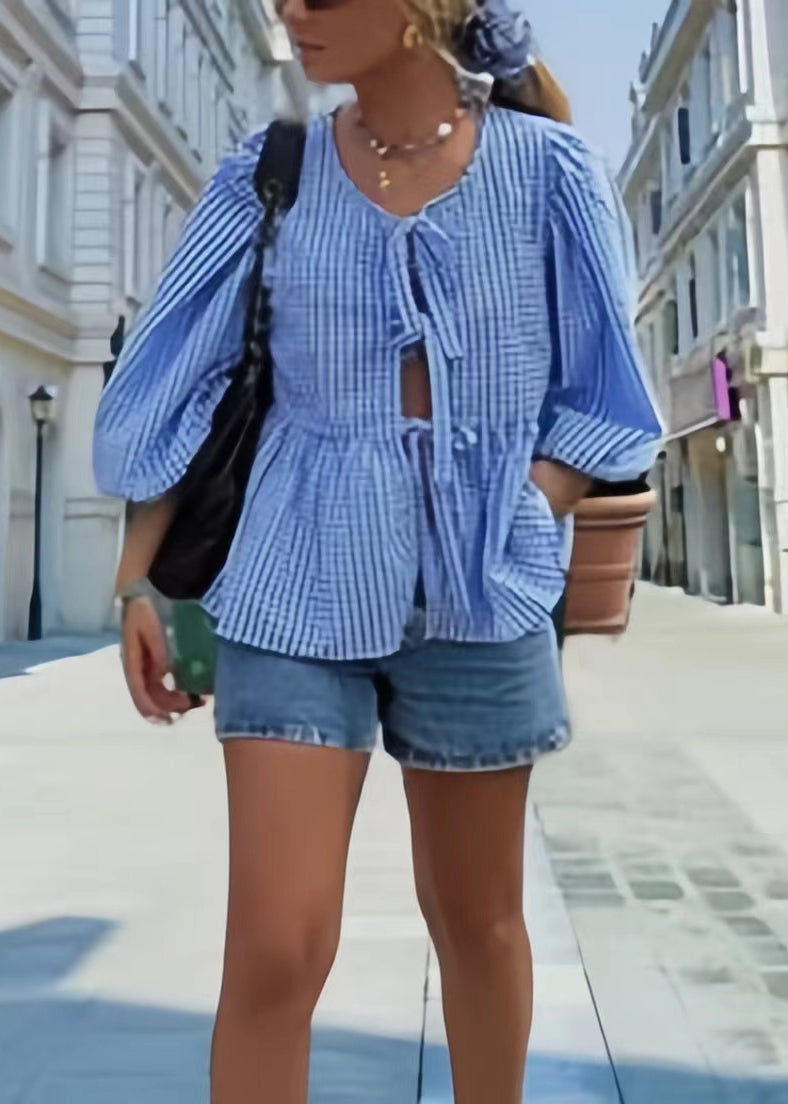 Puff Lace Size Plus Shirts Blue Sleeve Cotton Summer Up Plaid