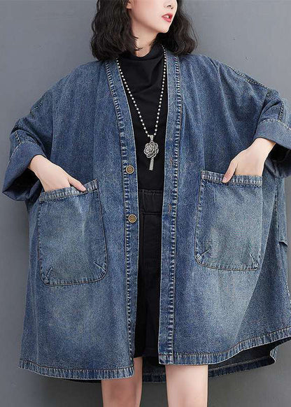 Neck Denim V Blue Fall Size Coats Pockets Plus