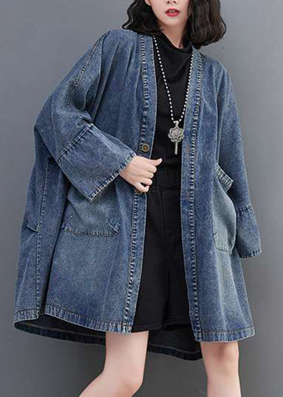 Neck Denim V Blue Fall Size Coats Pockets Plus