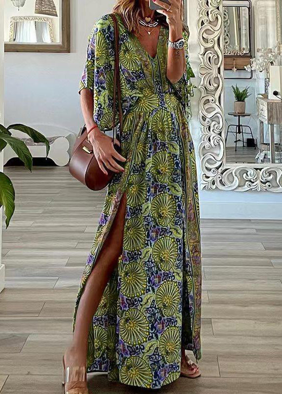 V Size Dresses Summer Neck Maxi Open Print Plus Side Cotton Blue