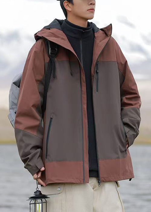 Hooded Brown Mens Cotton Zippered Plus Size Patchwork Coats