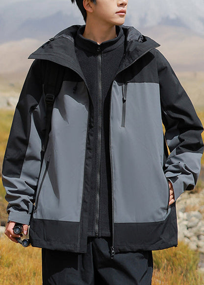 Hooded Brown Mens Cotton Zippered Plus Size Patchwork Coats