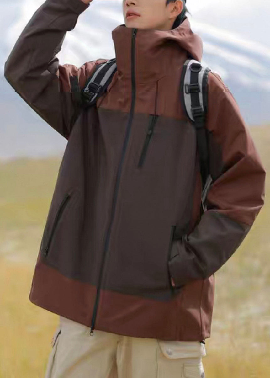 Hooded Brown Mens Cotton Zippered Plus Size Patchwork Coats