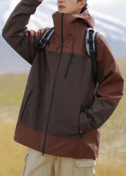 Hooded Brown Mens Cotton Zippered Plus Size Patchwork Coats