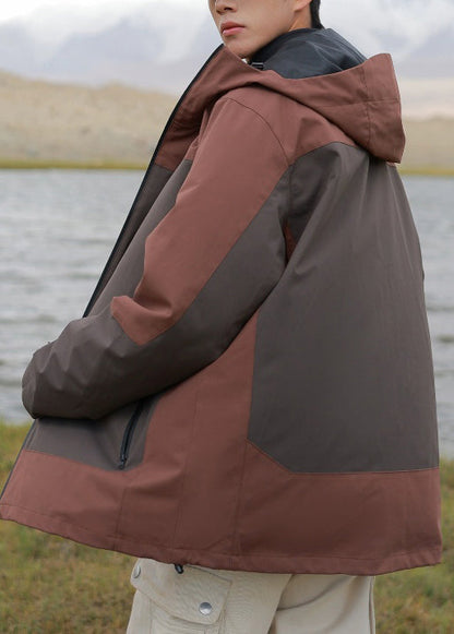 Hooded Brown Mens Cotton Zippered Plus Size Patchwork Coats