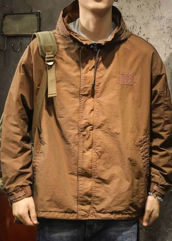 Drawstring Spring Mens Caramel Solid Plus Hooded Coat Size Cotton