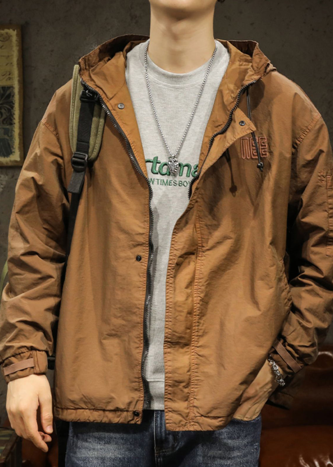 Drawstring Spring Mens Caramel Solid Plus Hooded Coat Size Cotton