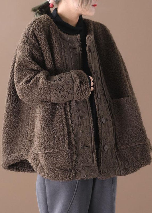 Plus Size Coffee O-Neck Pockets Casual Fall Winter Thick Coats Long sleeve QS042