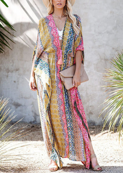 Plus Size Colorblock V-Neck Print Tie Waist Swimwear Long Beach Dress VC062