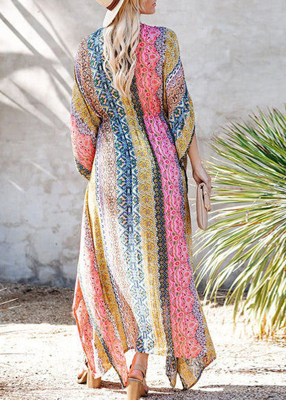 Plus Size Colorblock V-Neck Print Tie Waist Swimwear Long Beach Dress VC062