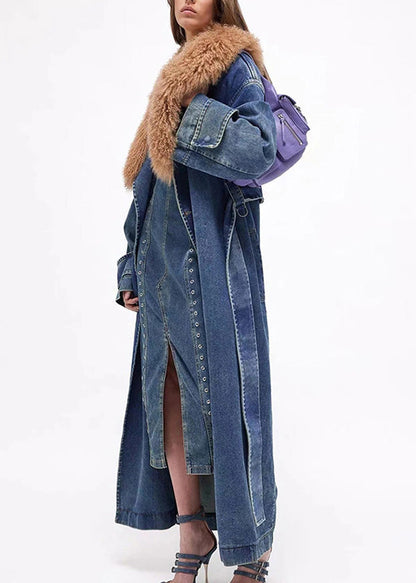 Plus Size Denim Blue Fur Collar Patchwork Tie Waist Long Trench Coats Winter RP002